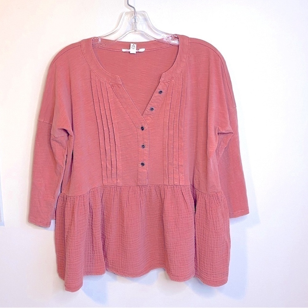 NWT Time and Tru 3/4 Sleeve Relaxed Peplum Top Blouse Coral/Pink Size Small - Picture 2 of 9